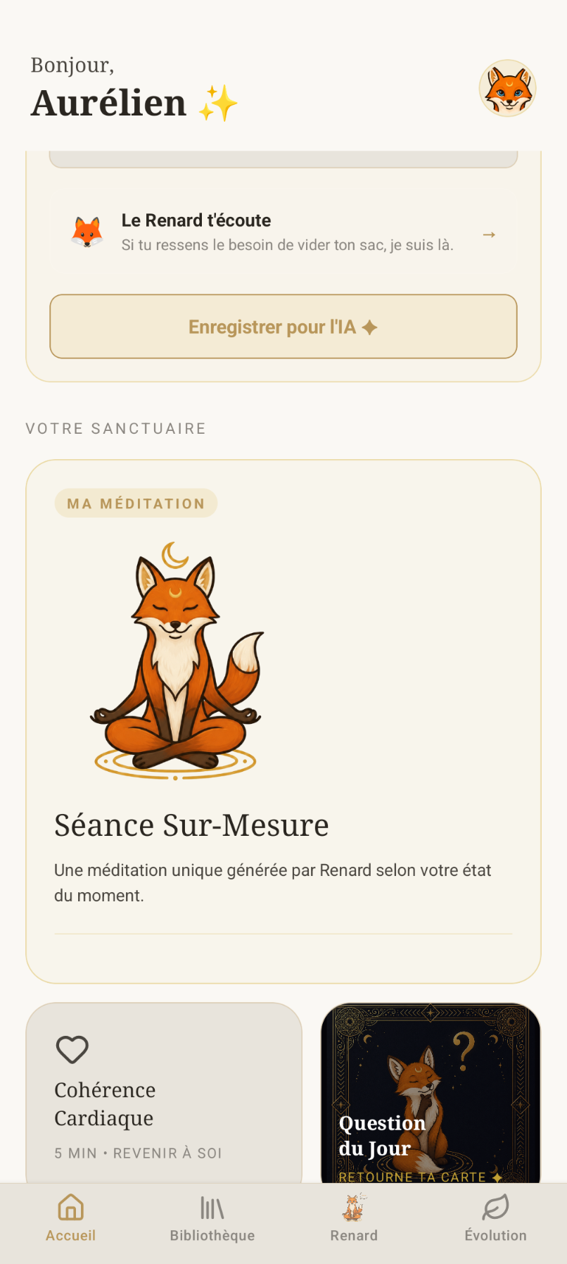 Écran d'accueil de l'application Renard