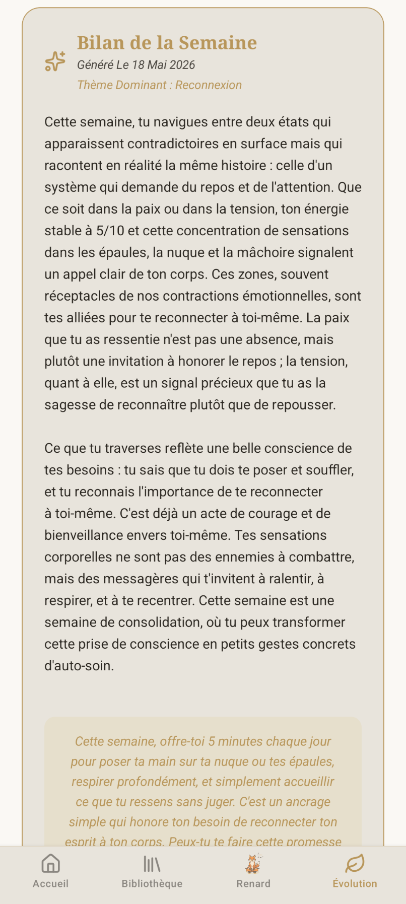 Capture d'écran du bilan personnalisé et des tendances de progression
