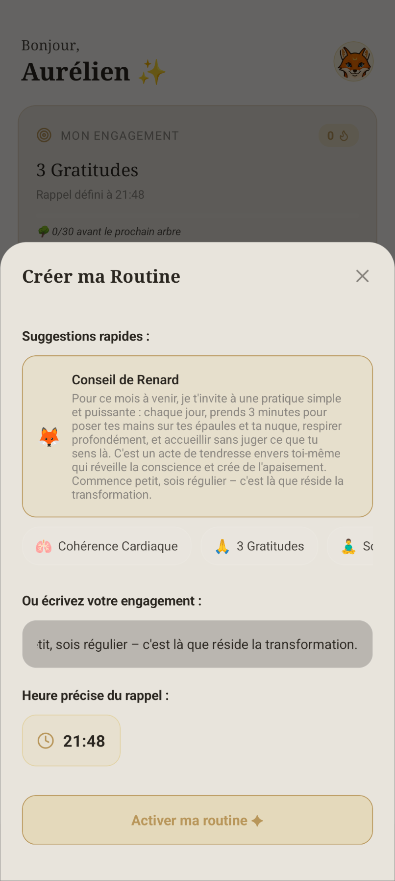 Capture d'écran de l'espace habitude et rituels